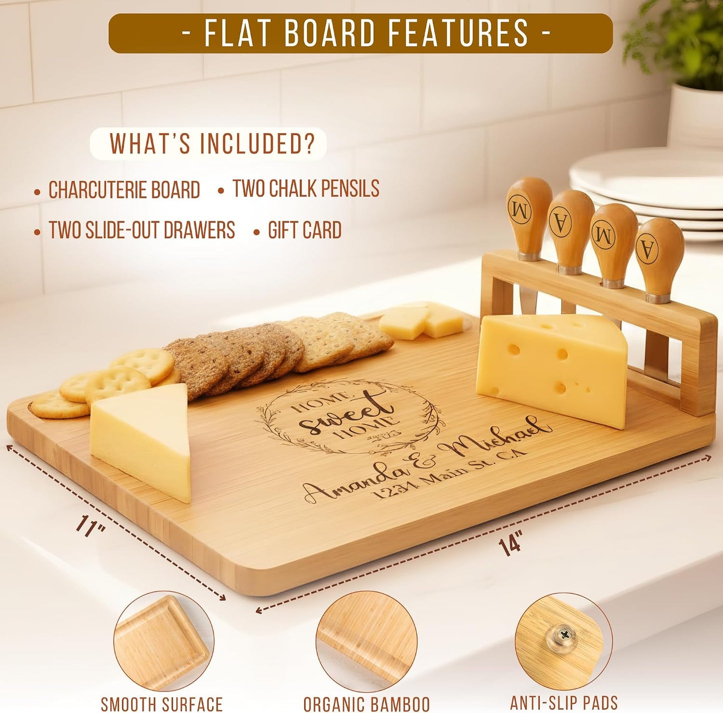 Personalized Bamboo Charcuterie Board Set with Accessories – Custom Large Serving Tray with Knives for Wedding, Anniversary, Bridal Shower, Women, Housewarming, Engagement, Couples, Mother’s Day Gifts
