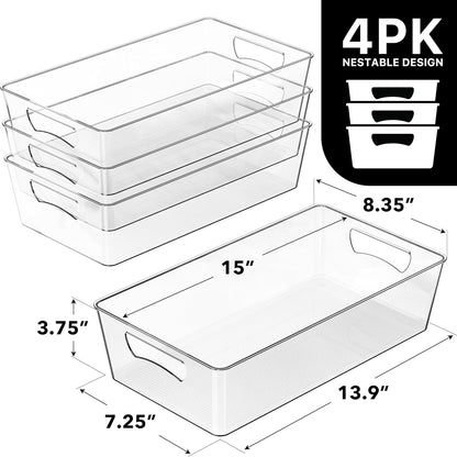 Simple Houseware 4 Pcs Pantry Clear Bin Storage Organizer, 14" x 7" x 3.75"