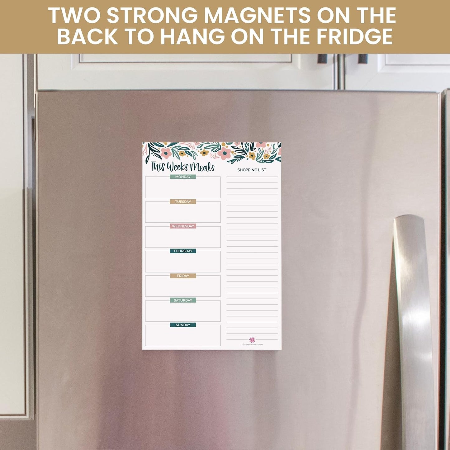 bloom daily planners Weekly Meal Planning Pad - Magnetic Hanging Refrigerator Menu Planner with Tear-Off Sheets & Perforated Grocery Shopping Lists - 6” x 9” (Grey & Pink)