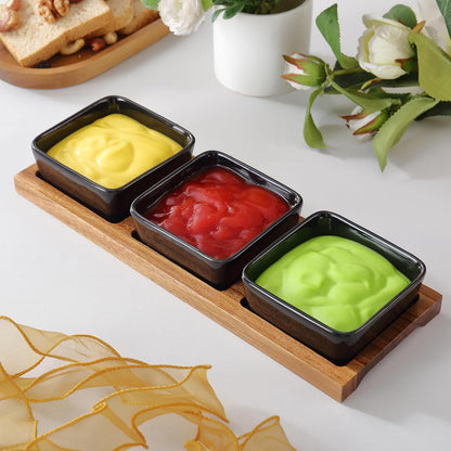 3 Pack Chip & Dip Serving Set with Wooden Tray, Oven Safe Bowls for Parties, Hosting Gifts, Cranberry/Soy Sauce Dish & Entertaining Essentials