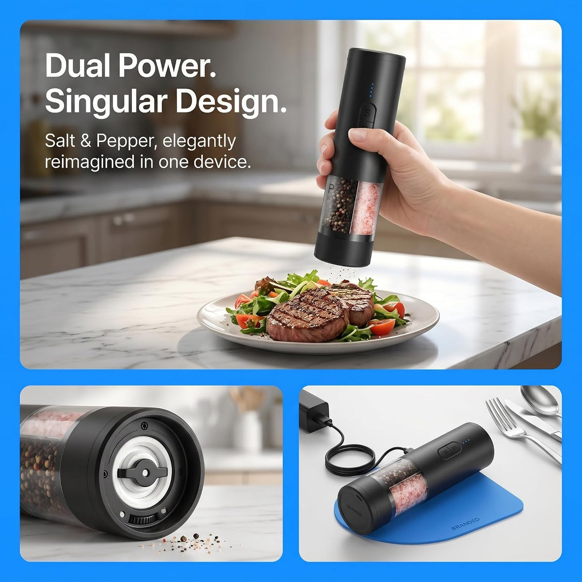 2 IN 1 Electric Salt and Pepper Grinder Set,Rechargeable (Black)