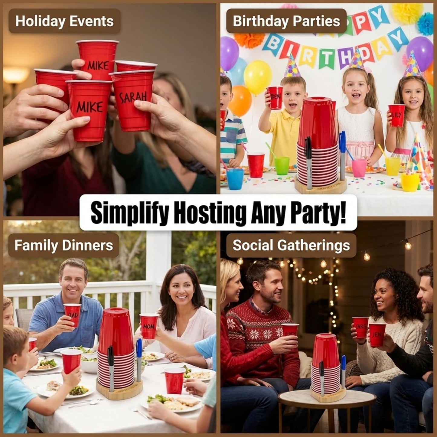 Party Cup Holder for 3-4" Cups - Hosting Essential to Prevent Mix-Ups & Reduce Waste - Sturdy Drink Organizer with Rubber Feet for Birthdays, BBQs, & Holiday Gatherings (Cups & Markers Not Included)