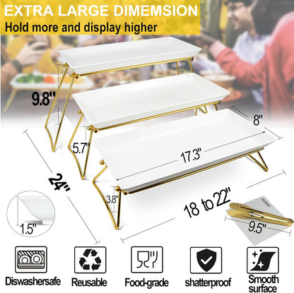 ECOIOU Extra Large 3 Tier Serving Tray, 24 x22 x 9.8 Inch Melamine Tiered Tray Stand and Platters for Party Buffet Entertaining, White and Gold