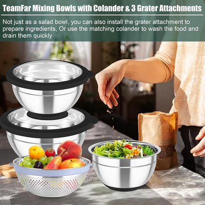 TeamFar Mixing Bowls with Colander Set, Stainless Steel Strainer and Nesting Salad Bowls, with Lids & 3 Graters, Non-Slip Bottom & Visible Lid, Rotatable & Dishwasher Safe, 4.6/3/1.5 QT, Khaki