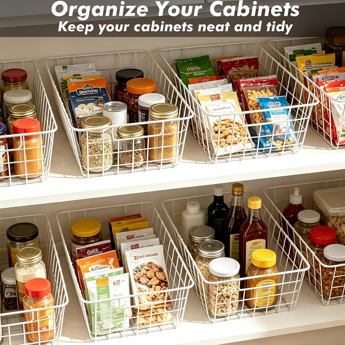 White Wire Storage Baskets,11.1"x8.7"x4.7"Wire Freezer Storage Organizer Bins Farmhouse Metal Freezer Basket with Handles for Cabinets, Pantry, Closets, Bedrooms,White,4 Pack