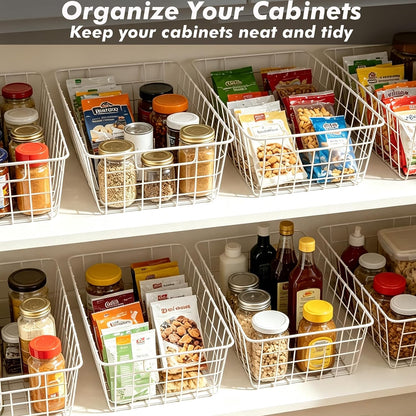 White Wire Storage Baskets,11.1"x8.7"x4.7"Wire Freezer Storage Organizer Bins Farmhouse Metal Freezer Basket with Handles for Cabinets, Pantry, Closets, Bedrooms,White,4 Pack