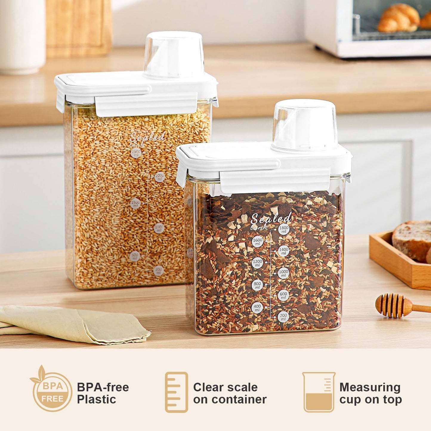Hongya Rice Container, Airtight Rice Storage Container, Portable Pet Food Storage Containers with Measuring Cup, 4 to 8lbs Cereal Containers Storage for Kitchen Pantry Household, BPA-Free, White