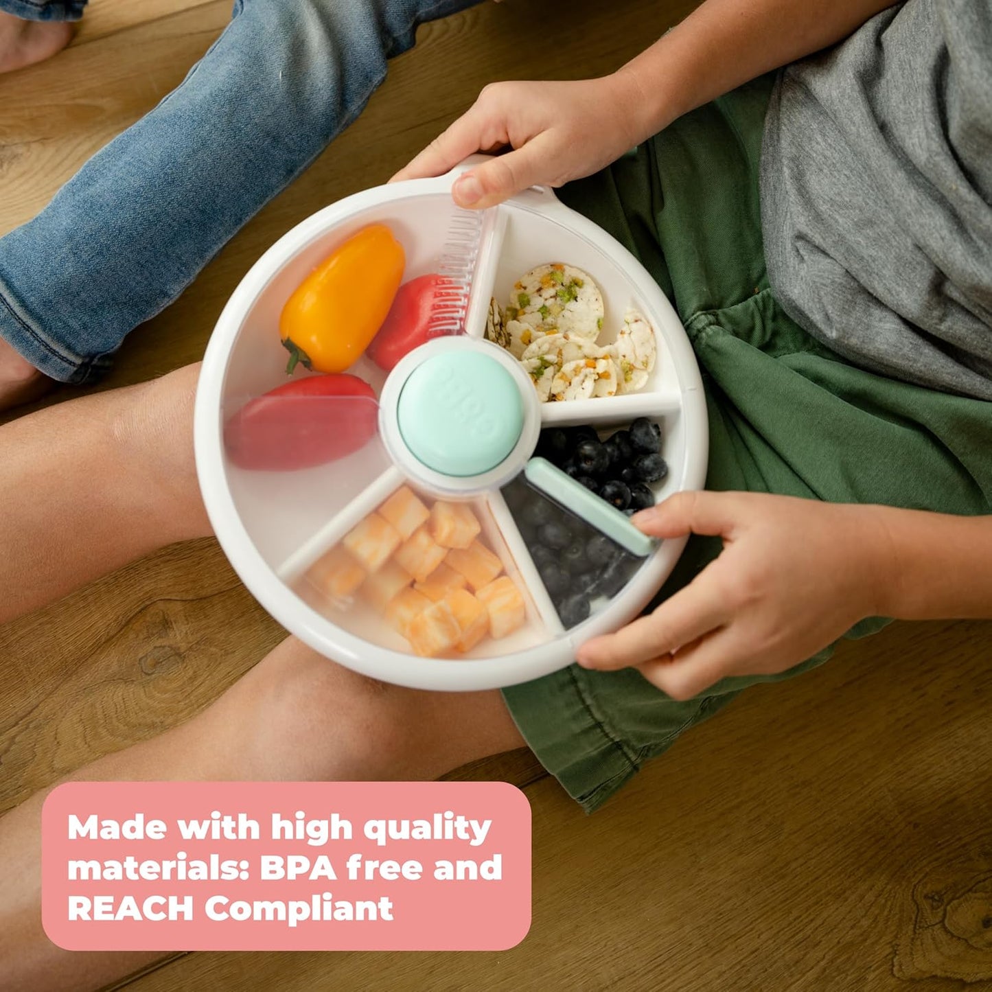 GoBe Kids Small Snack Spinner Flip Bundle with Hand Strap and Sticker Sheet - Reusable Snack Container with 5 Compartment Dispenser and Lid | BPA/PVC Free | Dishwasher Safe | No Spill- Mint Green