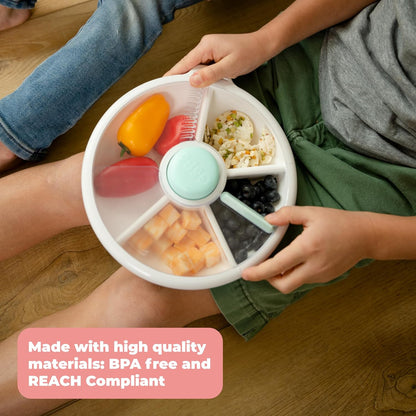 GoBe Kids Small Snack Spinner Flip Bundle with Hand Strap and Sticker Sheet - Reusable Snack Container with 5 Compartment Dispenser and Lid | BPA/PVC Free | Dishwasher Safe | No Spill- Mint Green