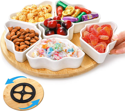 Foraineam Rotatable Serving Platters and Trays, Lazy Susan Relish Tray, 7-Compartment Divided Dishes, 11 Inch Porcelain Removable Bowl for Chip and Dip, Fruit, Nut, Candy and Snack