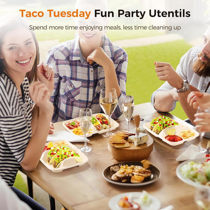 100 PCS Disposable Taco Holders, Bagasse Pulp 2-Slot Taco Plate with Side Compartments, Safe Plant Fiber Tray for Taco Tuesday, Party, Sandwich, Hot Dog, Sauce & Snack Serving, Thick(100)