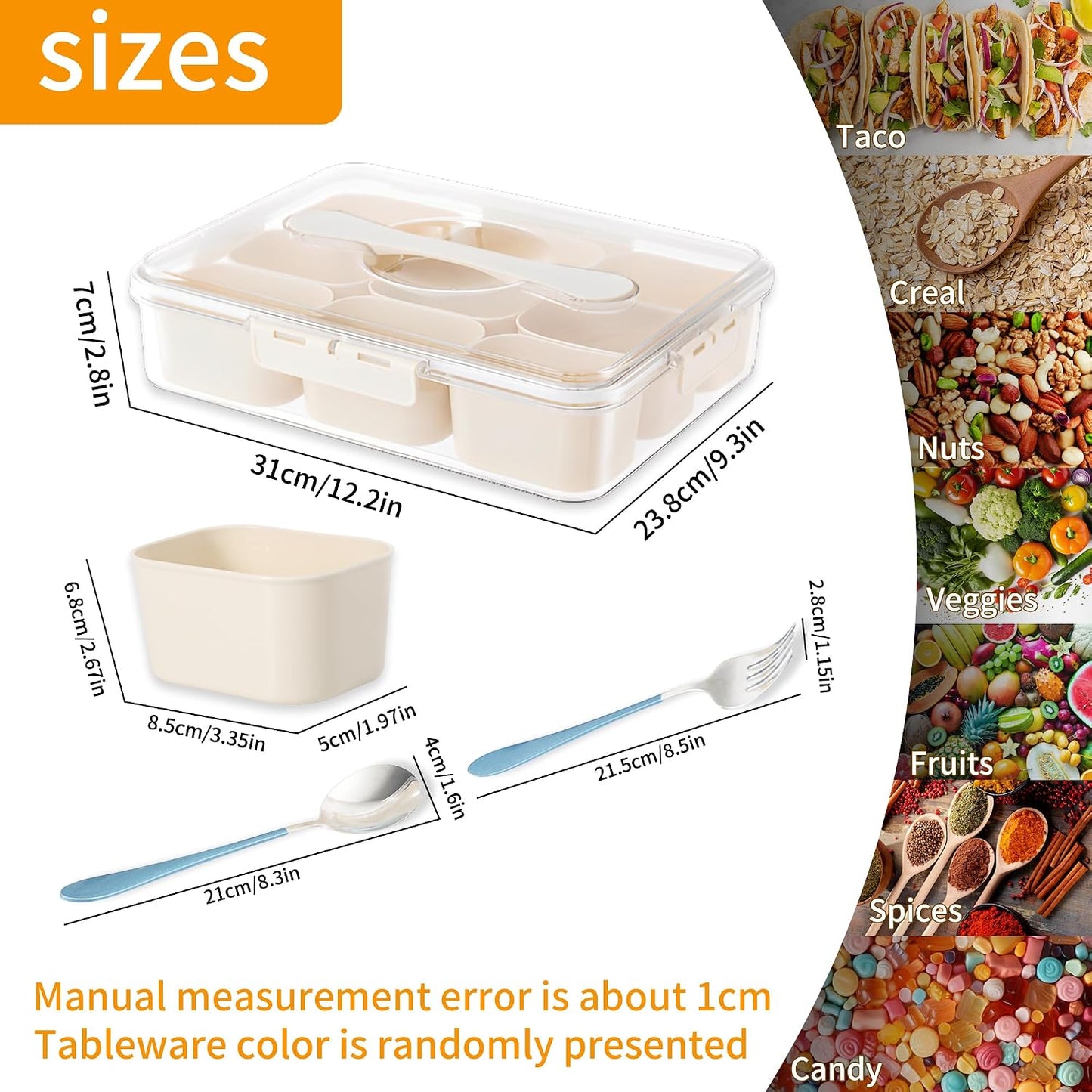 VIDONIO Divided Serving Tray with Lid & Handle - 9 Compartments Portable Snack Platter Organizer Fresh-Keeping Box for Candy Fruit Nuts Spice Charcuterie Container for Entertaining Party Travel Picnic