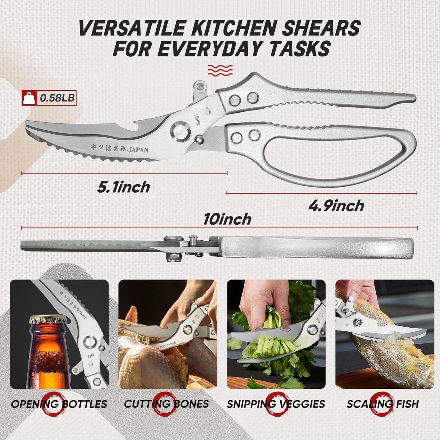 TIVOLI Kitchen Scissors Set Silver,Japanese Stainless Steel Kitchen Shears for Food, Heavy Duty Poultry Shears, Food Scissors for Meat,Chicken Bones and Turkey,Ideal Gift