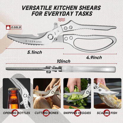 TIVOLI Kitchen Scissors Set Silver,Japanese Stainless Steel Kitchen Shears for Food, Heavy Duty Poultry Shears, Food Scissors for Meat,Chicken Bones and Turkey,Ideal Gift