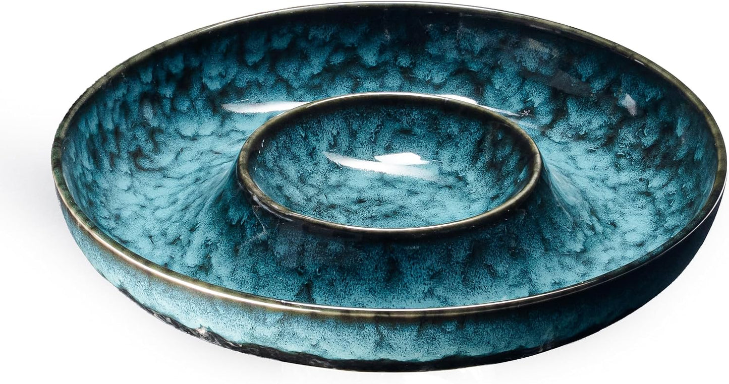 Ceramic Chips and Dip Serving Tray - Large Divided Party Bowl Set for Salsa, Veggies, Fruit & Snacks - Modern Minimalist Appetizer Platter with Unique Kiln-Change Glaze (Verdigris Green)