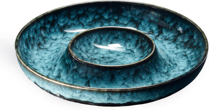 Ceramic Chips and Dip Serving Tray - Large Divided Party Bowl Set for Salsa, Veggies, Fruit & Snacks - Modern Minimalist Appetizer Platter with Unique Kiln-Change Glaze (Verdigris Green)