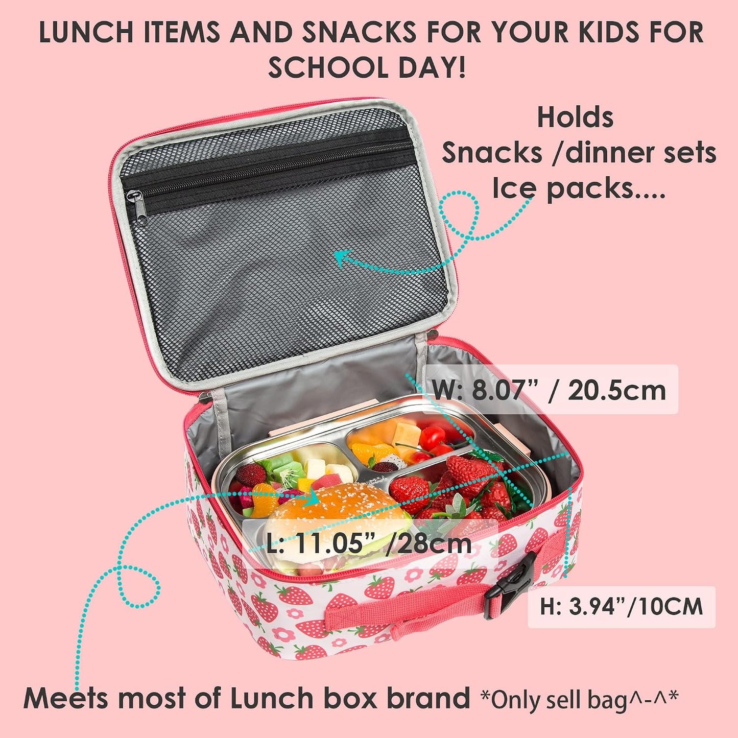 Insulated Kids Dual Compartment Lunch Bags Tote for Girls Boys Toddler School Picnic Food Cooler Thermal with Strap Lunch Boxes Blue Unicorn