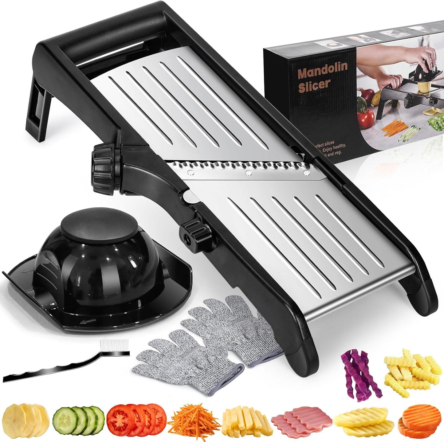MASTERTOP Mandoline Slicer for Kitchen Adjustable Stainless Steel Food Slicer Vegetable Chopper Onion Waffle French Fry Cutter Potato Chip Julienne Slicer with Safety Gloves