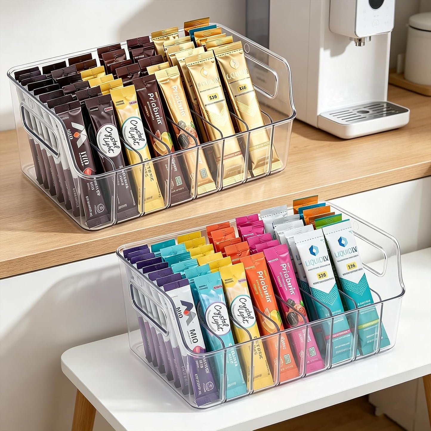 Drink Packet Organizer, 2 PCS Acrylic Water Packet Organizer for Water Flavor Drink Mix, 8 Compartment Sugar Packet Holder with Removable Divider, Pantry Storage Bin for Kitchen Organization