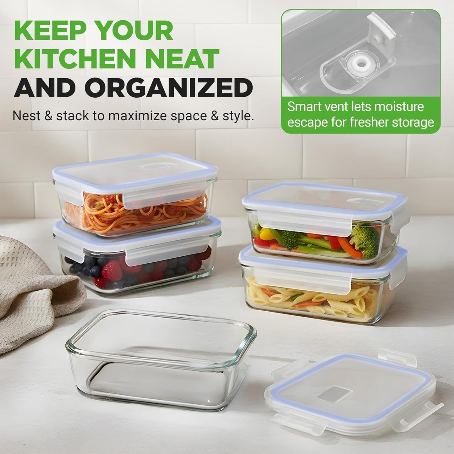 NutriChef 10 Piece Glass Food Storage Containers with Lids – 30 oz Meal Prep Containers Reusable – Airtight Glass Lunch Containers for Food Storage – Freezer to Oven Safe - Gray