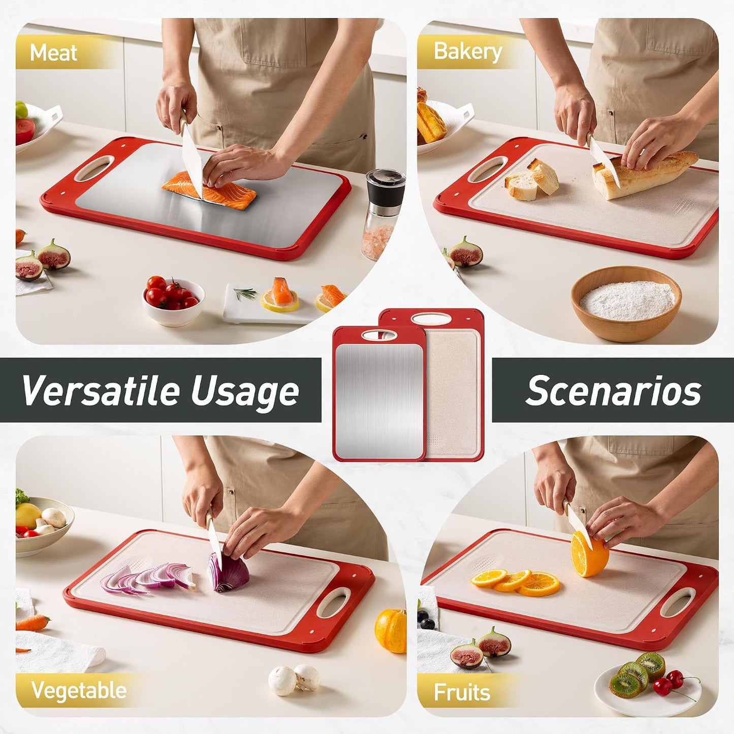 2 Packs Stainless Steel Cutting Board Set, Best Non Toxic Cutting Boards for Kitchen, Double Sided Metal Chopping Board for Meat/Fruit/Vegetables, Food Grade Kitchen Set Gift, [16”×11”+18”×12” Inch]