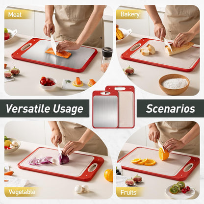2 Packs Stainless Steel Cutting Board Set, Best Non Toxic Cutting Boards for Kitchen, Double Sided Metal Chopping Board for Meat/Fruit/Vegetables, Food Grade Kitchen Set Gift, [16”×11”+18”×12” Inch]