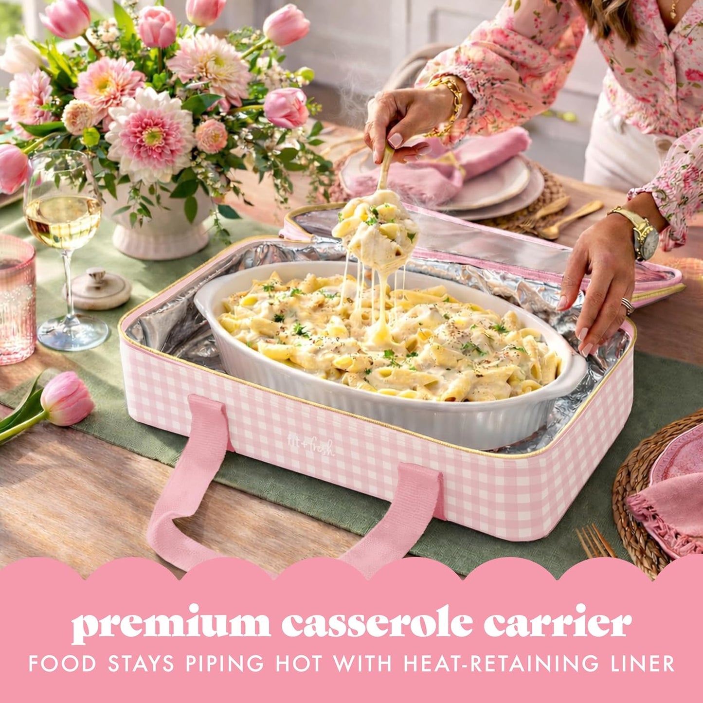 Fit & Fresh Insulated Casserole Carrier - Double Decker Food Carrier Fits Two 9x13 Dishes, Expandable Hot & Cold Food Transport Bag with Zipper Pocket for Potluck, Easter & Travel, Pink Gingham