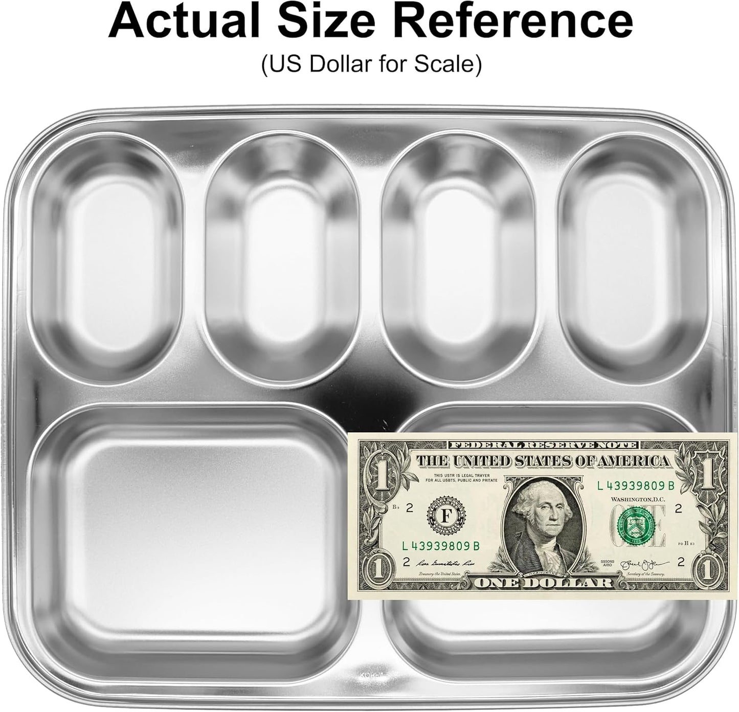 Korean Stainless Steel Divided Plates for Adults, Teens, Premium 304, Electro-Polished, No Black Residue, BPA-Free, Large 5-Compartment Food Tray, Diet Portion Control, Camping, Set of 2