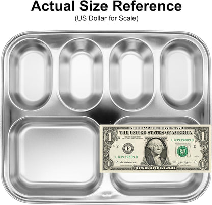 Korean Stainless Steel Divided Plates for Adults, Teens, Premium 304, Electro-Polished, No Black Residue, BPA-Free, Large 5-Compartment Food Tray, Diet Portion Control, Camping, Set of 2
