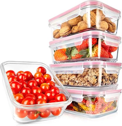 NutriChef 10-Piece Glass Food Containers - Stackable Superior Glass Meal-prep Storage Containers, Newly Innovated Leakproof Locking Lids w/Air Hole, Freezer-to-Oven-Safe (Red)