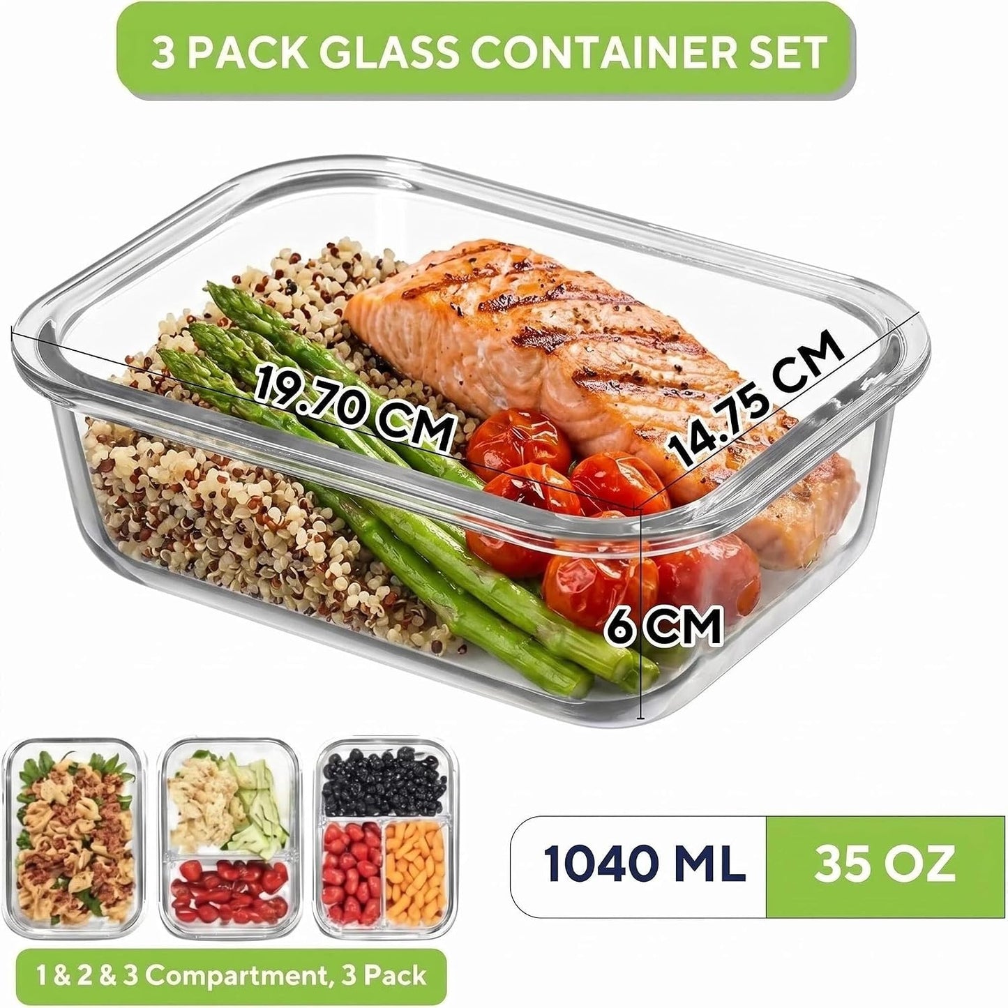 Glass Food Storage Containers with Lids, Compartment Meal Prep Containers, Airtight Leak Proof, Oven and Freezer Safe, Rectangular