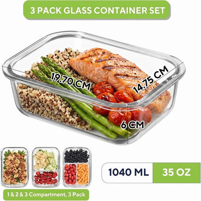 Glass Food Storage Containers with Lids, Compartment Meal Prep Containers, Airtight Leak Proof, Oven and Freezer Safe, Rectangular