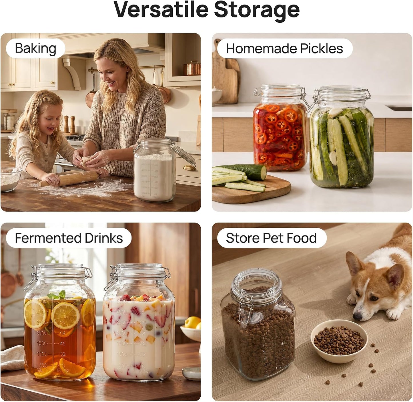 Vtopmart 78oz Glass Food Storage Jars with Airtight Clamp Lids, 3 Pack Large Kitchen Canisters for Flour, Sugar, Cereal, Coffee, Pasta and Canning, Square Mason Jars with 8 Reusable Labels