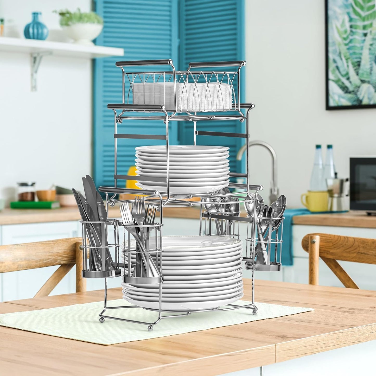 Sorbus® Buffet Caddy — 7-Piece Stackable Set Includes Plate, Napkin, and Silverware Holder, 3-Tier Detachable Tabletop Organizer — Ideal for Kitchen, Dining, Entertaining, Parties,Thanksgiving (Black)