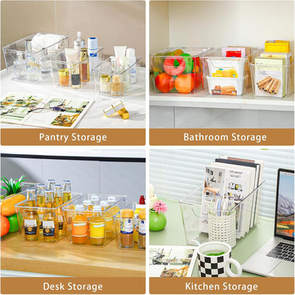 Freebat 12 Pack Middle Organizers and Storage, Pantry Organization and Storage Bins, Cabinet Organizer, Clear Plastic Storage Containers with Handle，Acrylic Storage Bins for Cabinet, Fridge