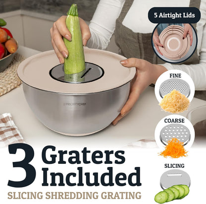 Priority Chef Stainless Steel Mixing Bowls with Lids Set, 3 Grater Attachments, Airtight Lids, Non-Slip Silicone Base Mixing Bowl Set, Large Prep Metal Mixing Bowls for Kitchen, Black