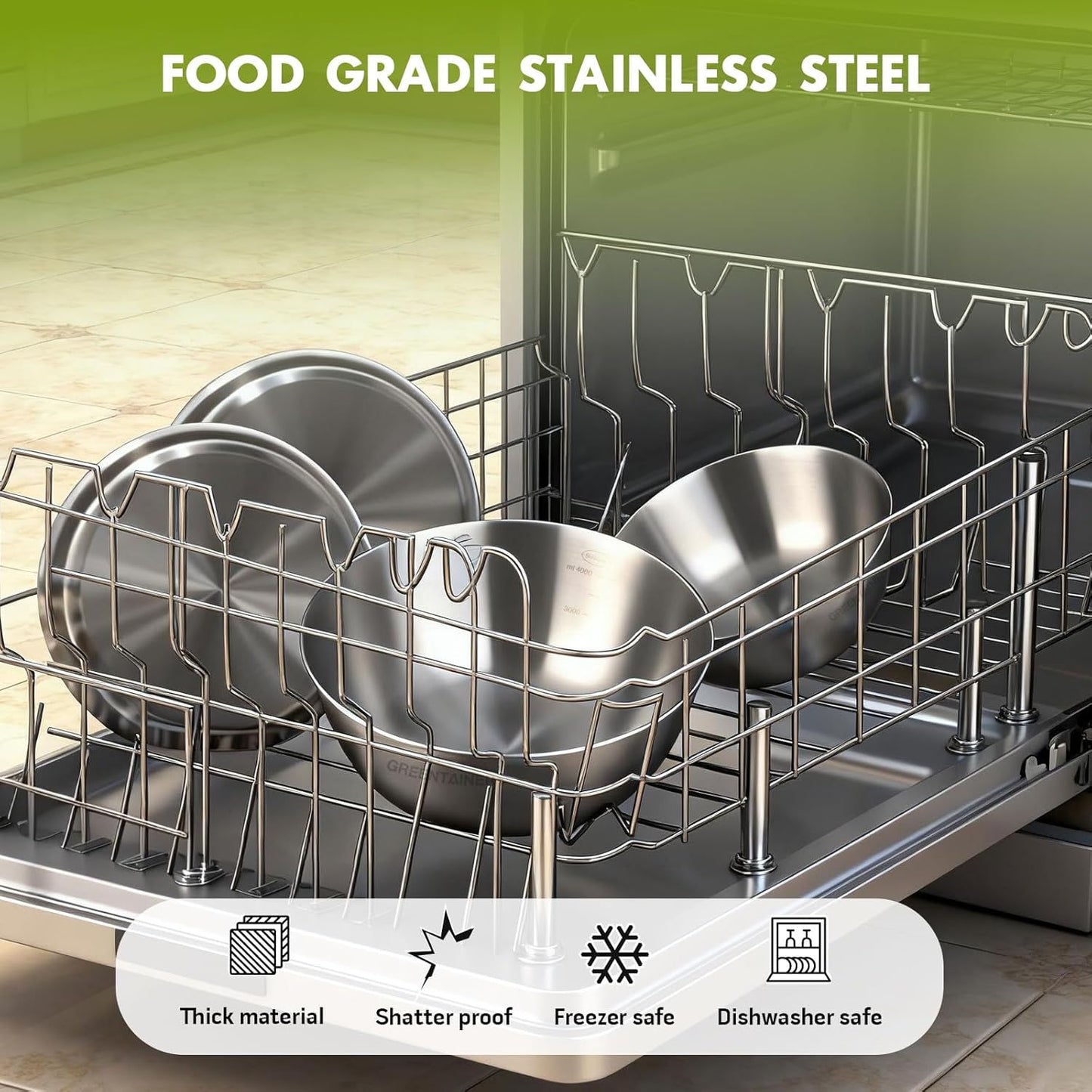 Greentainer 5-Piece Stainless Steel Mixing Bowls Set for Kitchen, Nesting Bowls with Measurement Markings for Baking, Prepping, Cooking and Serving Food, Metal Mixing Bowls Dishwasher Safe