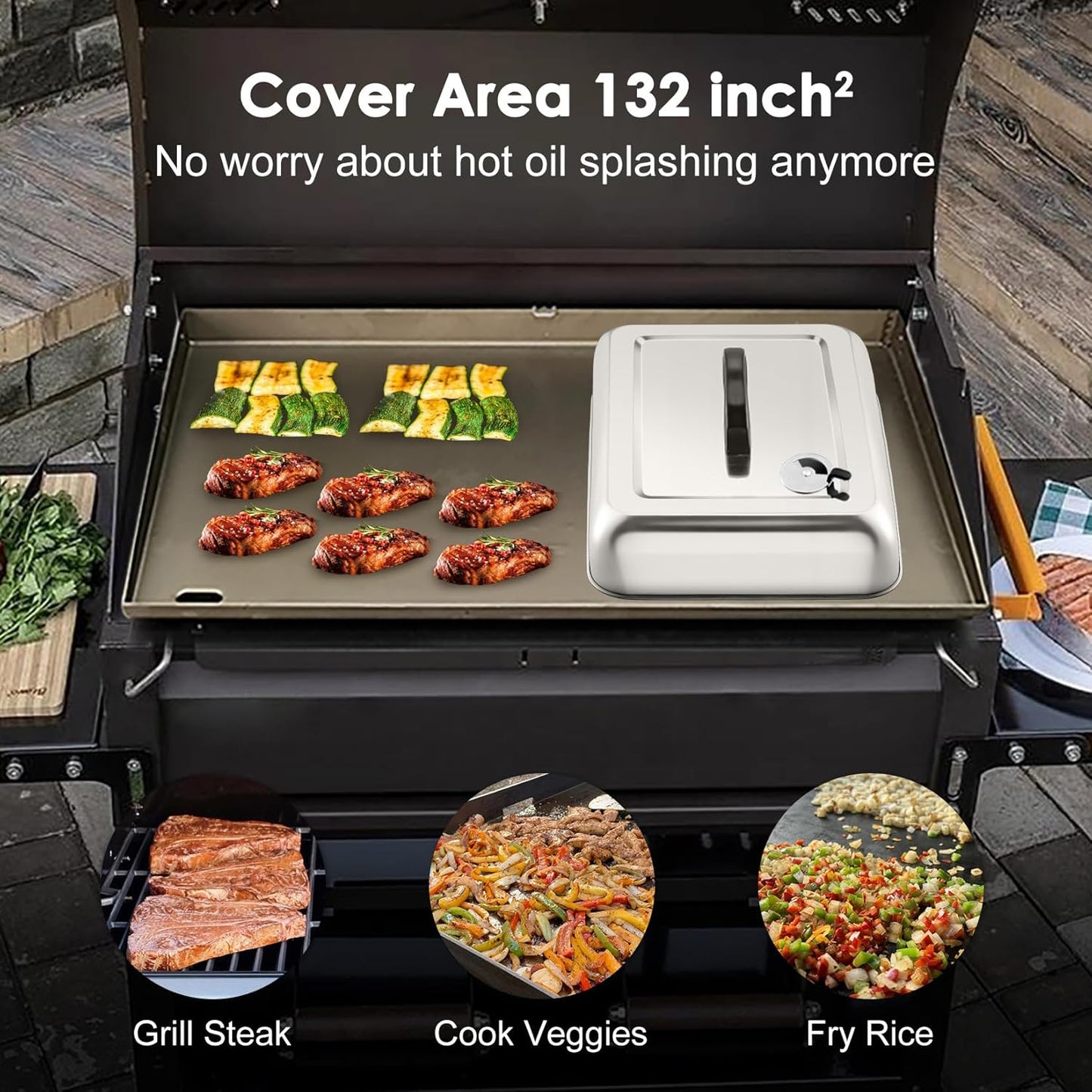 2Pcs Basting Cover Melting Dome for Griddle (13 x 9.8"), Joyfair Rectangular Stainless Steel Cheese Melt Lid for Outdoor Flat Top Grill, Heat-Resistant Handle & Dishwasher Safe (No Vent)