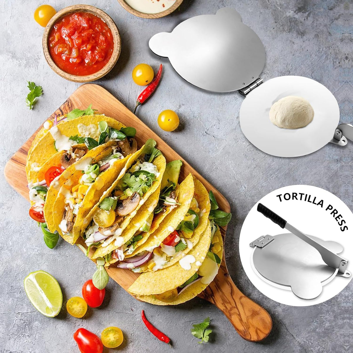 Tortilla Press Stainless Steel，SELERS,Heavy Duty, Adjustable To Press Different Thickness Of Crust, Removable, For Flour Tortilla, Roti, Flatbreads, Taco, Pie, Silver (10.5 inch)