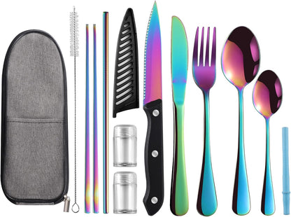 Logcow Travel Utensils Set with Case, 10-Piece Reusable Stainless Steel Camping Cutlery, Portable Fork Spoon Knife Chopsticks & Straw for Work, Lunch, Picnic (Rainbow)