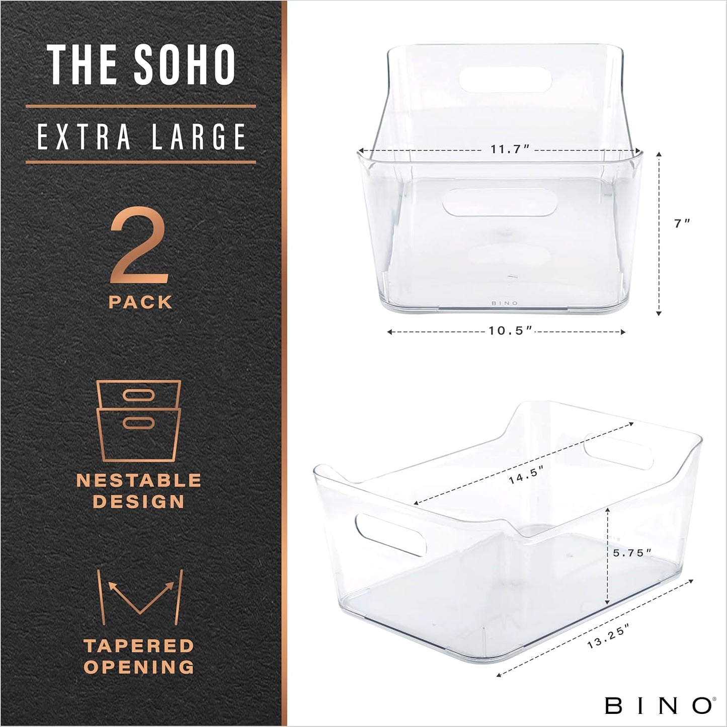 BINO | Plastic Storage Bins, Large - 2 Pack, Clear | THE SOHO COLLECTION | Pantry Organizers and Storage Containers | Fridge Organizer Bins | Kitchen Cabinet Organizer | Medicine Cabinet Bin