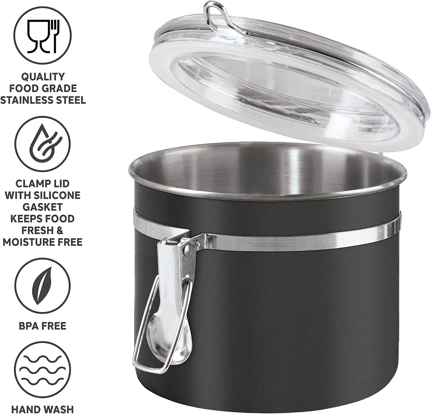 Oggi Stainless Steel Kitchen Canister 62 fl oz - Airtight Clamp Lid, Clear See-Thru Top - Ideal for Kitchen Storage, Food Storage, Pantry Storage. Large Size 5" x 7.5".