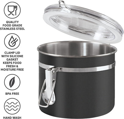 Oggi Stainless Steel Kitchen Canister 62 fl oz - Airtight Clamp Lid, Clear See-Thru Top - Ideal for Kitchen Storage, Food Storage, Pantry Storage. Large Size 5" x 7.5".