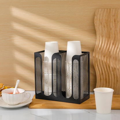 Maxcheck Metal Mesh Cup and Lid Holder Coffee Paper Cup Dispenser Lid Holder Storage Organizer Countertop or Wall Mount for Coffee Bar, Kitchen, Breakroom(4 Compartments,16.1 x 4.1 x 8 Inch)