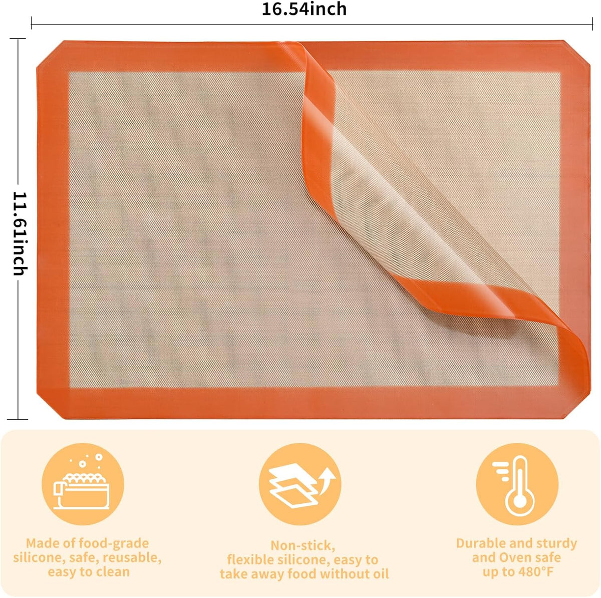 Luckyiren 2 Pack Silicone Baking Mat Set, Nonstick Half Sheet, Orange/Beige