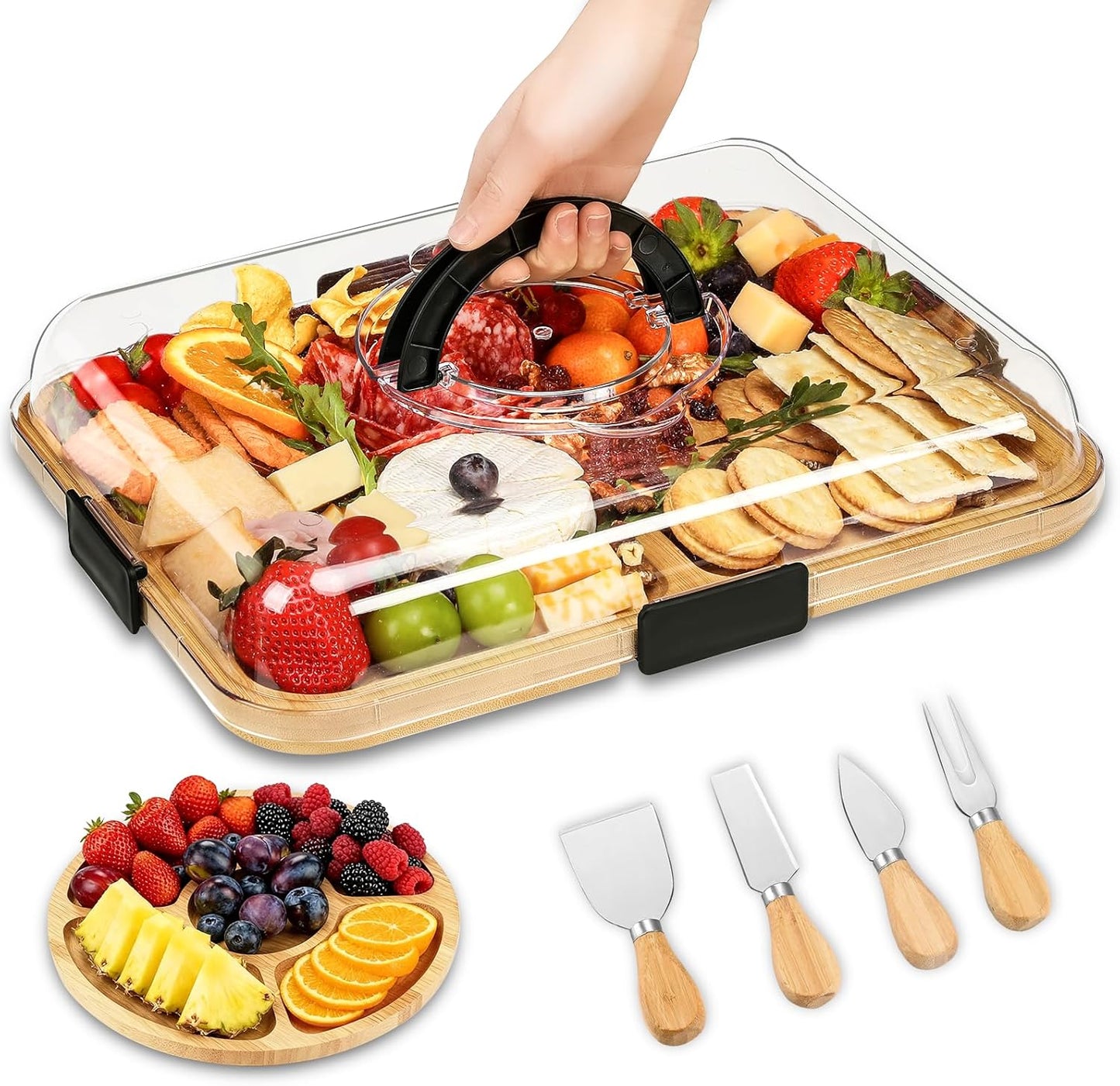 SAKAMOSH Charcuterie Board with Lid and Handle, Portable Travel Bamboo Cheese Board Set with Cheese Knife Set, Gift for Housewarming, Picnic, Gathering (15"x11" Board & 10" Round Board)