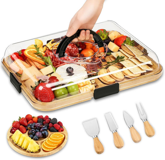 SAKAMOSH Charcuterie Board with Lid and Handle, Portable Travel Bamboo Cheese Board Set with Cheese Knife Set, Gift for Housewarming, Picnic, Gathering (15"x11" Board & 10" Round Board)