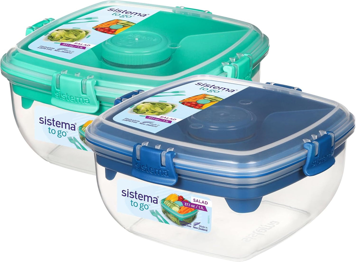 Sistema Bento Box Adult Lunch Box with 3 Compartments, 2 Removable Trays, and Salad Dressing Container, Dishwasher Safe, Color May Vary, 42 oz./1.25L Size (Pack of 4)