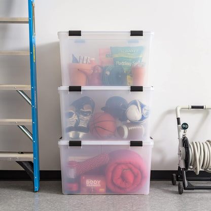IRIS USA Storage Bins with Lids, WeatherPro Wheeled 106 Qt, Plastic, 3 Pack | Weather-tight gasket, wheels, and secure latches protect camping gear, tools, holiday décor, clothing, and documents.