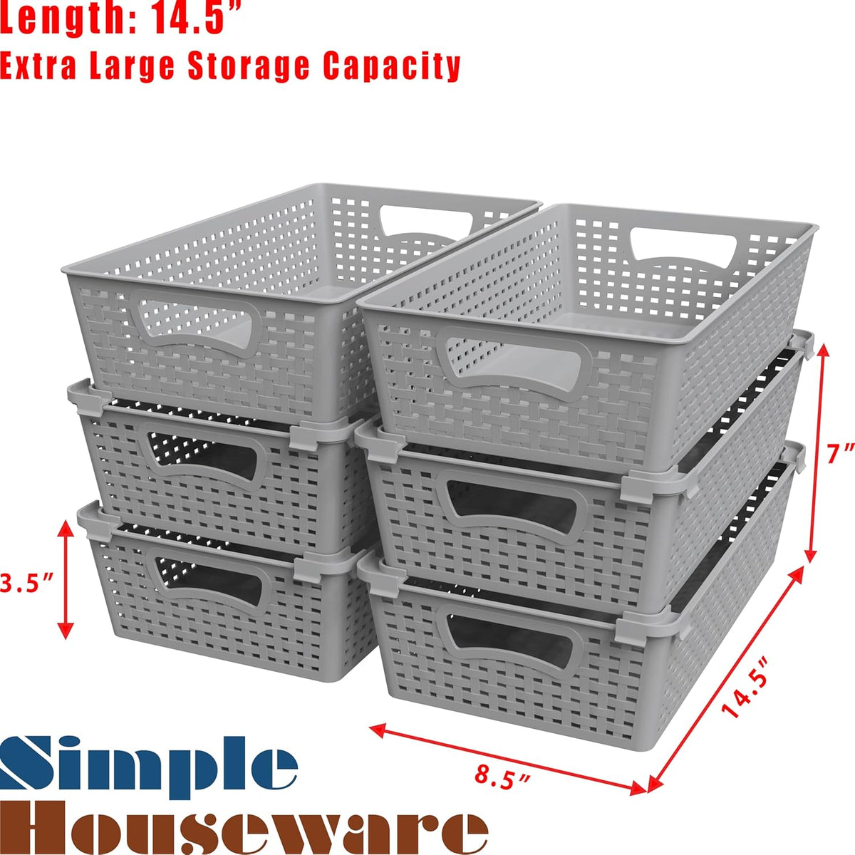 Simple Houseware Stackable Plastic Woven Basket Organizer, 6 Pack, White | 14.5" D x 8.5" W x 3.5" H